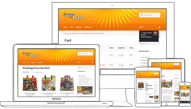 Greetings from the Past is a WordPress blog and ecommerce website. This nanobusiness uses open source web software to create a beautiful website! Currently the site is using Storefront Theme with WooCommerce, the most commonly used free eCommerce plugin. - design42 New Media Web Design (828) 692-7270