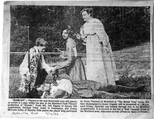 Montford Park Players Hamlet, 1985  - Donna McCown Kirby of Beverly Hills poisons the player king... in the Play Within the Play "Mouse Trap" scene. 