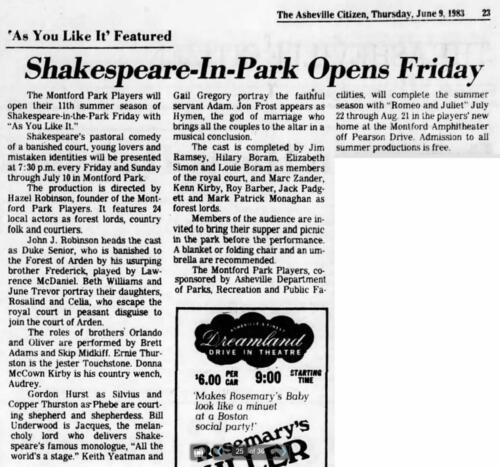 Montford Park Players 1983 "As You Like It" Donna McCown Kirby plays the country wench Audrey. Kenn is also in the cast as a forest lord.