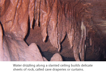 Water drizzling along a slanted ceiling builds delicate sheets of rock, called cave draperies or curtains. 