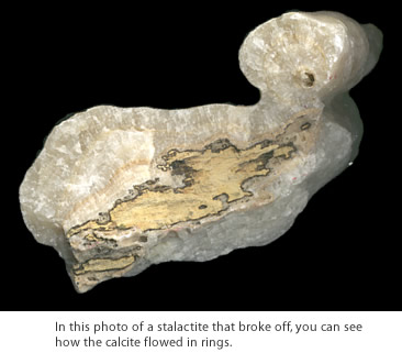 In this photo of a stalactite that broke off, you can see how the calcite flowed in rings.