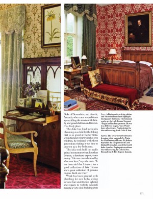 The Queen's Bedroom, with Biedermeier writing desk and Victorian brass beds. Lower Tower Bedroom with Pugin dressing table and wall paper pattern in Lismore Castle